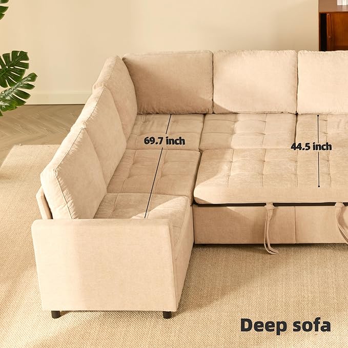 107 Sleeper Sofa Set of Modular Pieces with Pull Out Bed U Shaped Sectional Couch with Storage Extra Wide&ampDeep Seat Couches for Living Room Removable Sofa Cover Chenille-Flat White