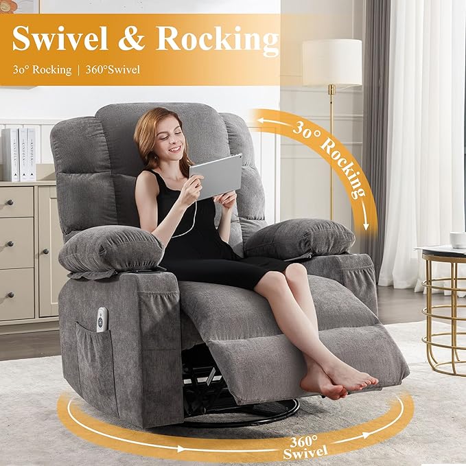Oversized Massage Swivel Recliner Chair with Lumbar Heating 360° Swivel &amp Rocker 8-Point Vibration Massage USB Port &amp Cup Holders for Living Room Office Adult(Gray)