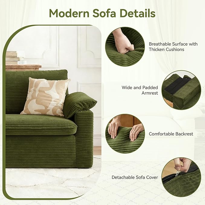86 Loveseat Sofa Green Corduroy CouchModern Cloud Sofa Love Seat Deep Seat Slipcovered Sofa with 2 Wide Armrest Pillows for Small Spaces Apartment Studio Office Bedroom Living Room