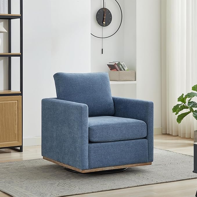 360° Swivel Accent Chair Square Modern Comfy Chair with Metal Base &amp Thicked Cushion Upholstered Lounge Reading Armchair Cloud Sofa Chairs for Living Room Bedroom Office Club(Chenille Blue)
