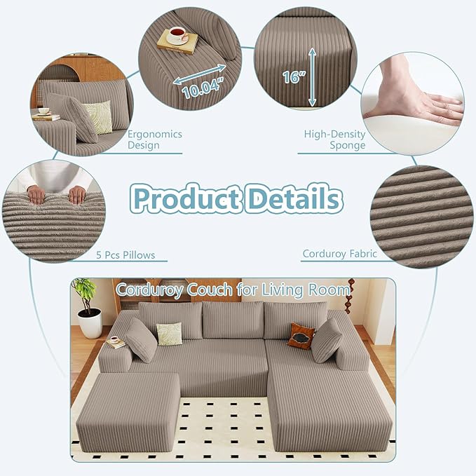96 W Cloud Sectional Couch with OttomanModern U-Shaped Cloud Couch with Deep SeatComfy Corduroy 3-Seater SofaMemory Foam Sofa for Living RoomNo Assembly (CamelRight-Facing Chaise)