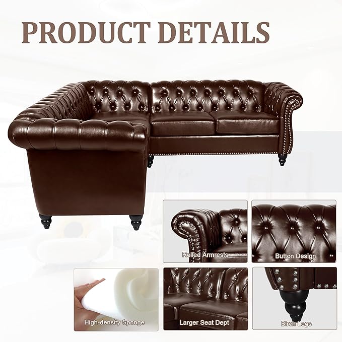 ORRD L Shaped Small Sectional Sofa Chesterfield Leather Couch Tufted Accent Sofa with Scroll Arms and Nailhead for Living Room Office (Dark Brown)