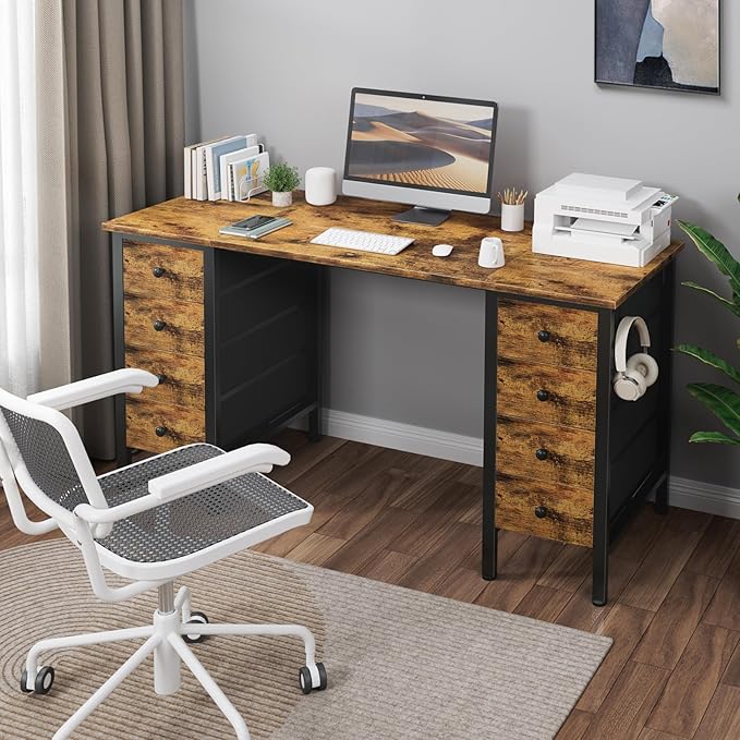 DLisiting Home Office Desk with Drawers for Storage - 55 inch Computer Desk with 8 Fabric Drawer Writing Study Work Desks with Drawers on Both Sides for Bedroom