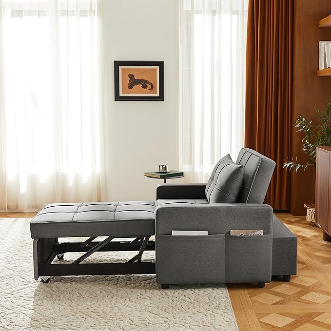 Sofa Bed Chair Convertible Sleeper Sofa with Pull-Out Bed 3-in-1 Futon Couch with Reclining Backrest and Side Pocket (Dark Grey 35.6‘)