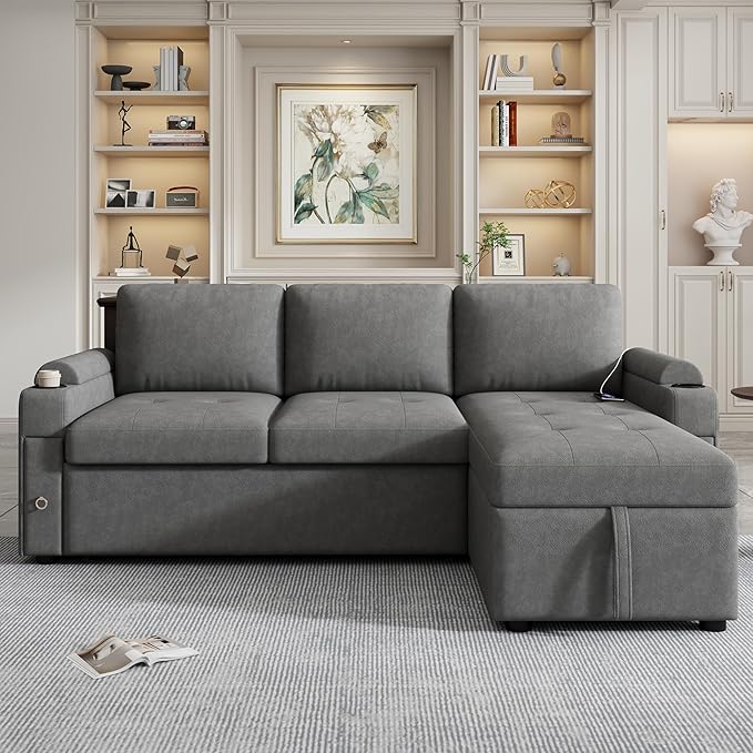 Merax L- Shaped Convertible Sleeper Sofa Bed 3-Seat Couches with Reversible Chaise Lounge | USB Ports | Cup Holder| Drawers | Pull Out Couch for Living RoomGrey