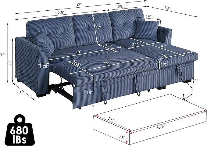 BEEY Sleeper Sofa 82 Corduroy Sectional Sofa Bed with Storage Chaise Convertible L Shaped Sofa Couch with Pull Out Bed for Bedroom Living Room Apartment Blue