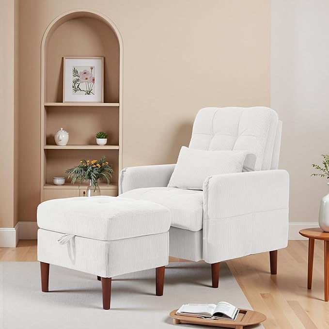 Accent Chairs with Storage Ottoman Corduroy Fabric Armchair with Adjustable Backrest and Side Pockets Mid Century Modern Reading Sofa Chair for Living Room Bedroom (White Set of 2)