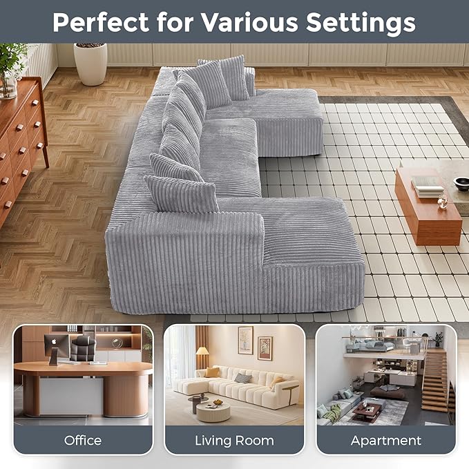Minimalist Oversized Modular Sofa Couch Deep Seat Sectional Sofa with Two Chaise Comfy Corduroy Shape Cloud Couch for Living Room Apartment - Light Gray