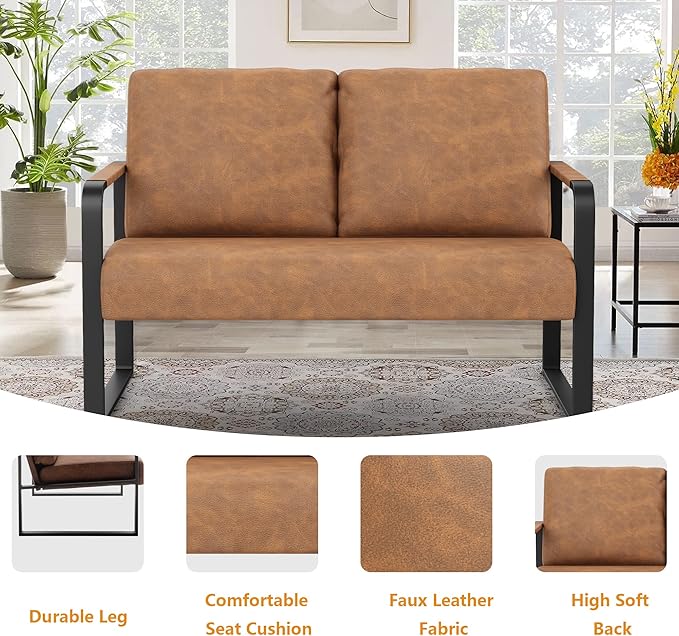 Love Seat Mini Couch Small Settee Loveseat Bench for Living Room Faux Leather Loveseat Sofa Couches for Small Spaces with Padded Cushion Mid Century Modern Light Brown Love Seats