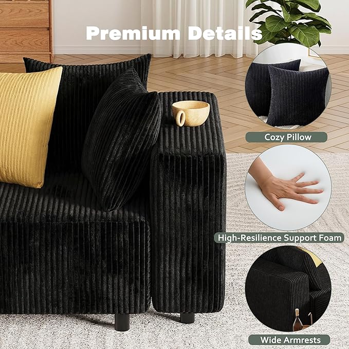 Modern Oversized Modular Sectional Sofa Boneless Cloud L Shaped Couch with Legs Corduroy Big Comfy Deep Seat Sofa for Living Room &amp Apartment（Black146″L Shaped Sofa）