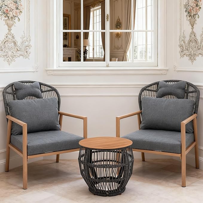 DAYRAUS Living Room Chairs Accent Chairs Set of 2 with Coffee Table Rattan Braid Arm Chair Comfy Reading Lounge Chair 3 Pieces Living Room Furniture Sets Bedroom Armchair for Outdoor Dark Gray