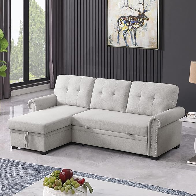 Convertible Sleeper Sofa with Pull Out Bed 3-Seat Sofa Bed Sleeper Couch with Storage Chaise Lounge for Apartment Living Room Home Office Guest Room (Light Gray Sofa Bed Couch)