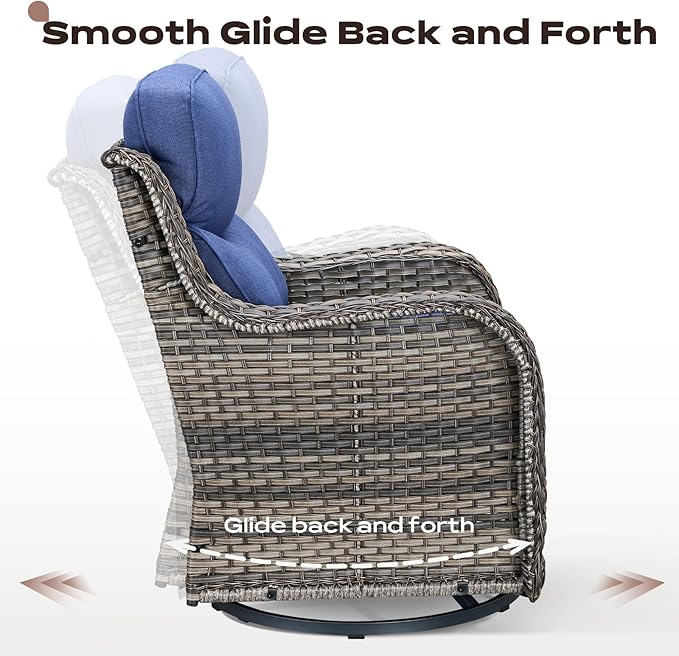 Rilyson Wicker Outdoor Patio Furniture Set - 5 Piece Patio Conversation Sets with Swivel Rocker Chairs Ottomans and Side Table 6 inch Cushions Waterproof Wicker for Porch Deck Mixed Grey/Blue