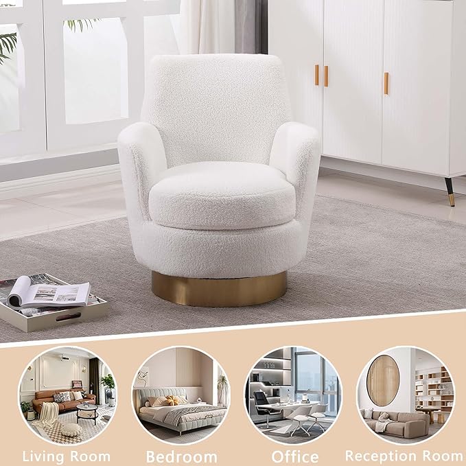 Teddy Swivel Accent Chairs for Living RoomComfy Swivel Barrel Chair with Foam Cushion Round Swivel Chair &amp Boucle Swivel Chair with High Back Round Armrest Gold Base (White)