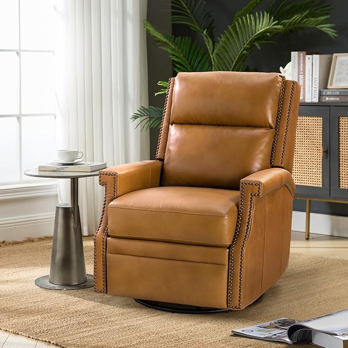 HULALA Home Genuine Leather Swivel Rocker Recliner Modern Manual Glider Recliner Chair with Adjustable Backrest &amp Footrest360 Degree Swivel Home Theater Sofa Armchair for Living Room Bedroom Ca