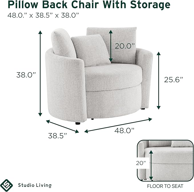 Studio Living® Beckett 48 Storage Chair Modern Farmhouse Pocket Coil Comfort Easy Assembly Chenille Fabric Ivory