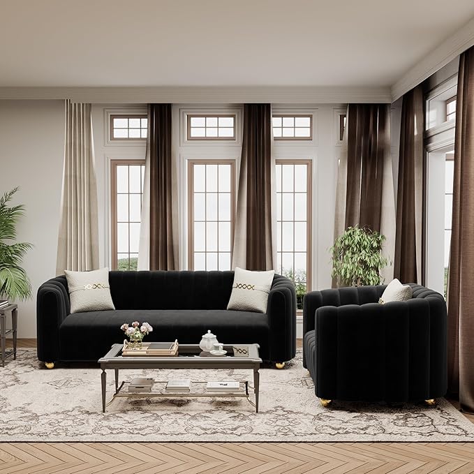 42 Velvet Sofa Chair for Living Room Modern Single Sofa with Gold Metal Sphere Legs (Black-1 Seater)
