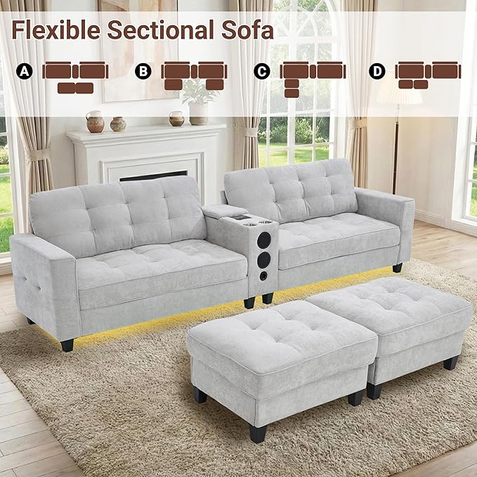 126 U Shaped Cloud Couch Sectional with Storage Ottomans Modular Sectional Sofa with Console for Living Room Modern Comfy Couch with Bluetooth Speaker/LED Light/Charging Station (Light Grey)