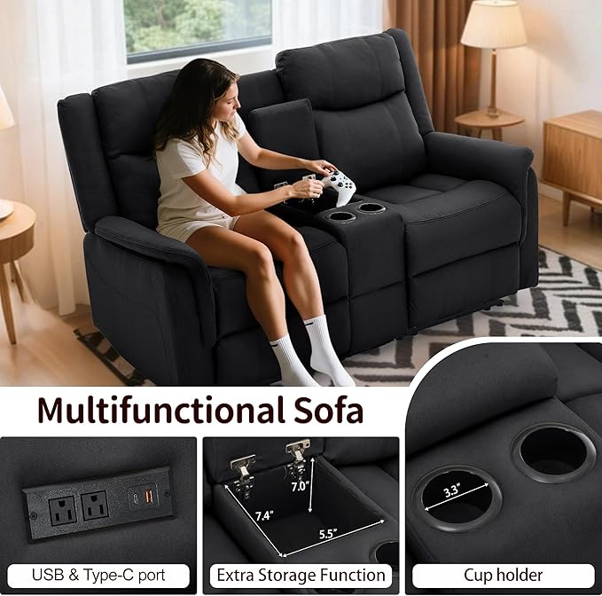Loveseat Recliner Sofa Reclining Loveseat Couch Reclining Couch with Console USB Port US Outlets and Cup Holders 2-Seater Sofa for Living Room (2-Seater Black)