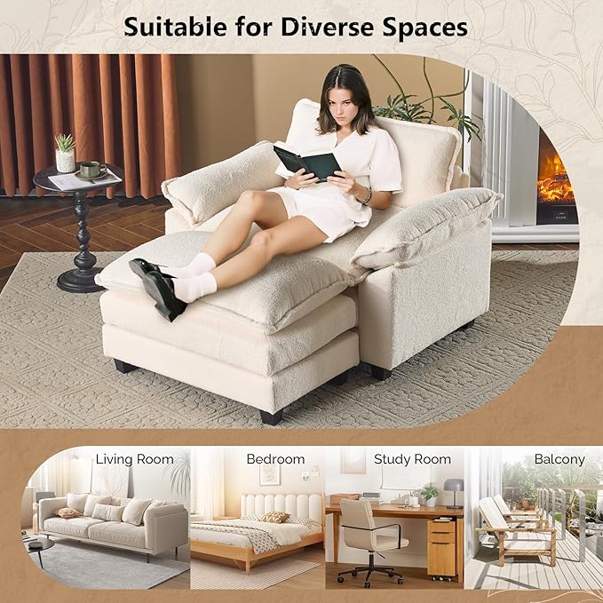 VINGLI Oversized Sofa Chair and a Half with Deep Seat &amp Movable 2-Layer Ottoman Set Comfy Cloud Sofa Bed with Chaise 1-Seater Modular Sectional Sleeper Couch for Living Room Teddy-Fleece Beige