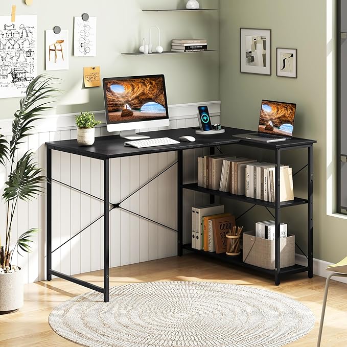 Giantex L Shaped Desk with Charging Station 47 Inch Reversible Computer Desk with Adjustable Storage Shelves &amp Metal Frame Modern Corner Desk for Home Office Studying Writing Gaming (Black)