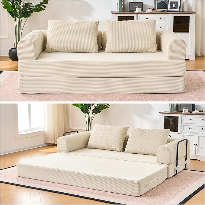 Convertible Sleeper Sofa Bed 78.7 Folding Floor Sofa Mattress Couch with Pillows Corduroy Futon Boneless Couch Lounge Loveseat with Pull Out Bed Beige