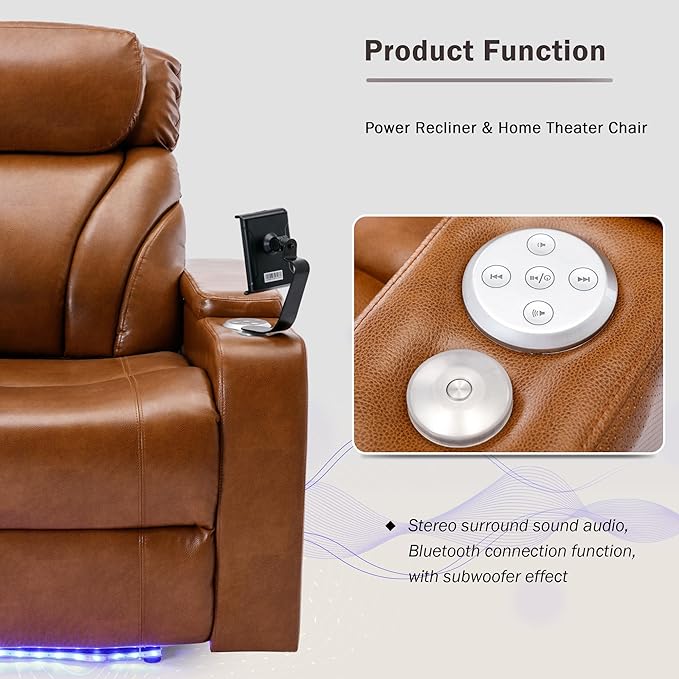Power Motion Recliner Electric Power Recliner with Hidden Arm Storage Cup Holder Phone Holder Tray Table Faux Leather Rocker Chair for Small Spaces (Light Brown/78)