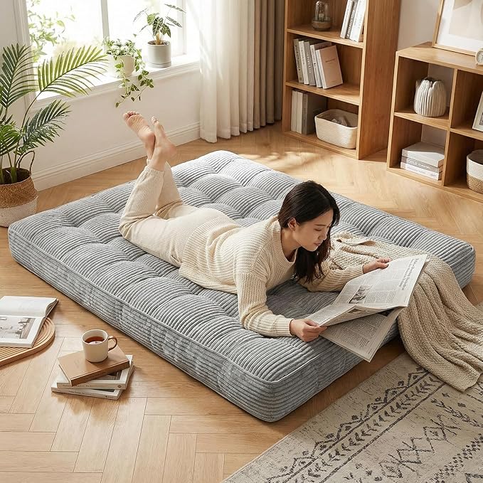 63 Inch Folding Bench Cushion 4 Inch Thick 2-in-1 Convertible Long Floor Lounger Boneless Cushions Couch Mattress Upholstered for Yoga Reading Sleeping Meditation Living Room(Light Grey)