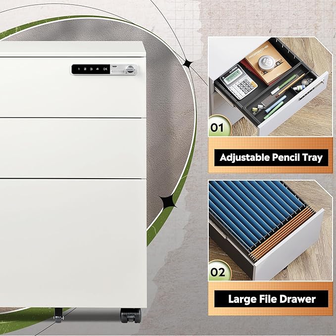 DEVAISE 3 Drawer File Cabinet with Combination LockFully Assembled Metal Filling Cabinet Except Wheels Mobile Under Desk File Cabinets for Home Office White