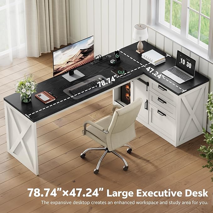 Farmhouse L Shaped Office Desk with Drawers 78 Inch L Shape Desk Executive Office Desk with File Cabinet Storage Shelves and Power Outlets for Home Office White and Black