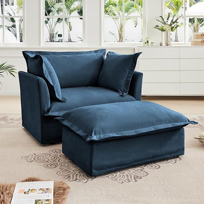 Aoowow Oversized Modular Sectional Sofa Chair with Movable Ottoman 49” Chenille Single Armchair Comfy Deep Seat Couch Sofa with Big Toss Pillows for Living Room Apartment Office(Blue-Chenille)