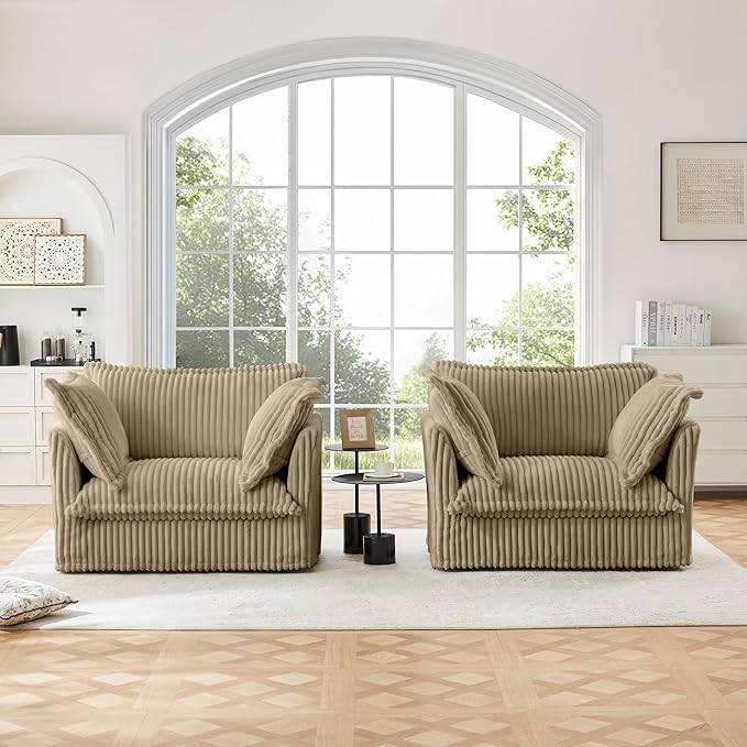 Modern Single Sofa Chair Set of 2 49 Slipcovered Armchairs Oversized Upholstered Accent Chairs Comfy Cloud Deep Seat Sofa with 2 Throw Pillows for Living Room Apartment Corduroy Camel