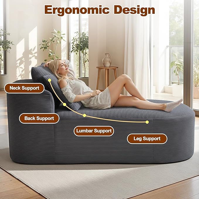 Chaise Lounge Chair Indoor 67.5 Oversized Boneless Couch Could Comfy Upholstered Sleeper Sofa Bed Corduroy Plush Modern Curved Floor Sofas Chair with 2 Pillows for Readng Living Room Bedroom Apartment