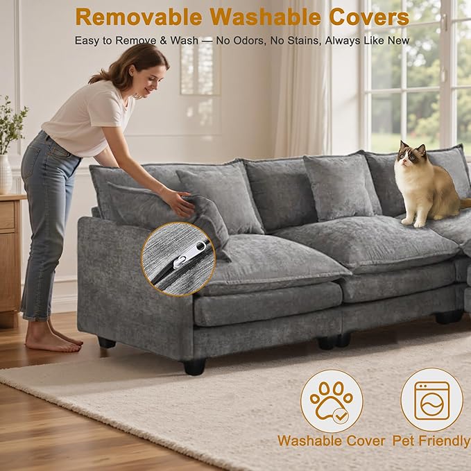 111.4 L-Shaped Cloud Chenille Sofa Sectional Couch with Reversible Chaise Flexible 3+1 Layout for Large Spaces Deep Seat and Free Pillows Included