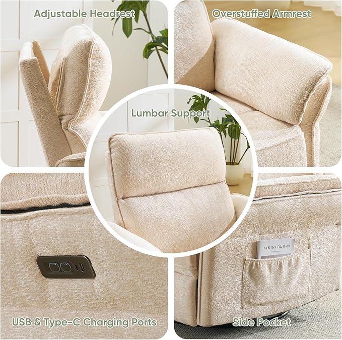 Oversized Power Recliner Chair Swivel Glider with Massage and Heat Rocker Nursery Recliner for Adults with Adjustable Headrest 26 Extra Wide Nursery Chair with Overstuffed ArmrestBeige