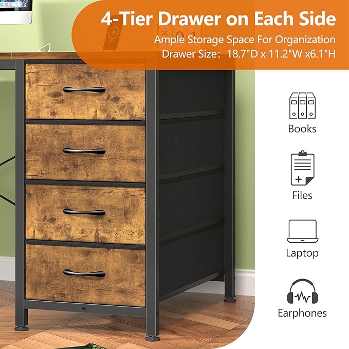50 Inch Computer Desk with 8 Drawers Home Office Desk with Power Outlets Work Study Gaming Desk with 8 Fabric Drawers Rustic Brown