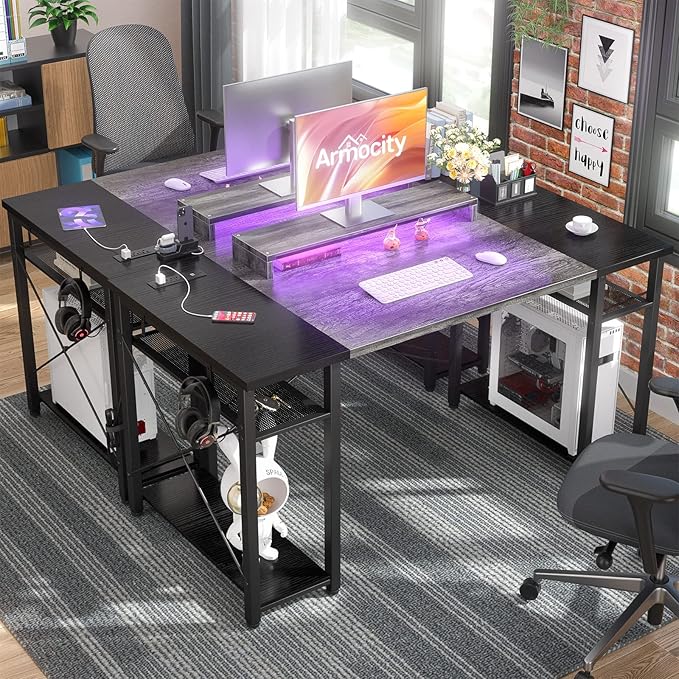 Armocity Computer Desk with LED Lights 55 Inch Desk with Power Outlet and USB Reversible Large Desk with Moveable Monitor Stand 55.2'' Gaming PC Table for Home Office Workstation Grey and Black