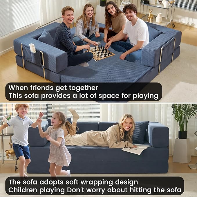 Convertible Sleeper Sofa Bed Corduroy Upholstered Green Modular Floor Couch Queen/King Size Foldable Futon with Memory Foam for Apartment Living Room Bedroom (Off White) (Blue 80.15) | Convertible s