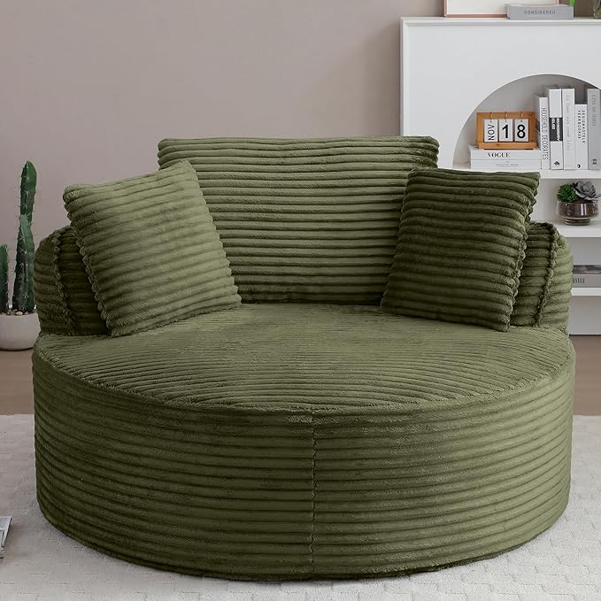 Oversized Round Chair Lounge Chaise Indoor 53.5 Upholstered Corduroy Deep Seat Single Cloud Sofa Chair Fluffy Modern Large Circle Boneless Sleeper Sofa for Living Room Bedroom Green