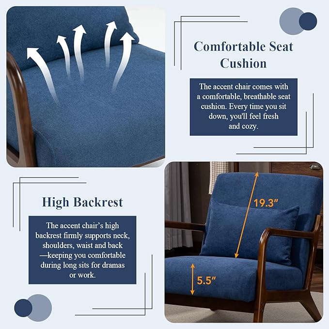 Minimalist Accent Chair Velvet Upholstered Mid-Century Modern Chair with Pillow Lounge Arm Chair with High Backrest Comfy Reading Chair for Living Room Balcony (Blue)