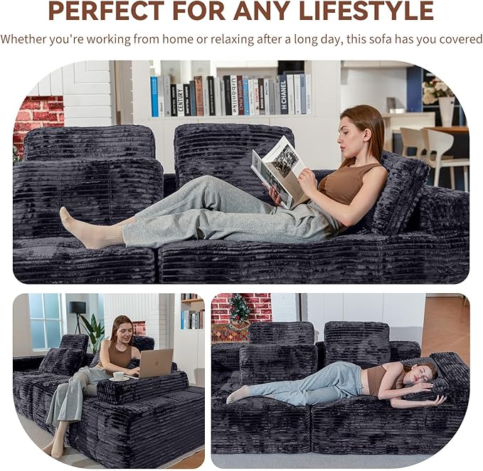 113'' Modular Sectional Boneless Sofa Oversized Chaise Lounge with Deep Seats Modular Cloud Sleeper Sofa No Assembly Required | Boneless Sofa