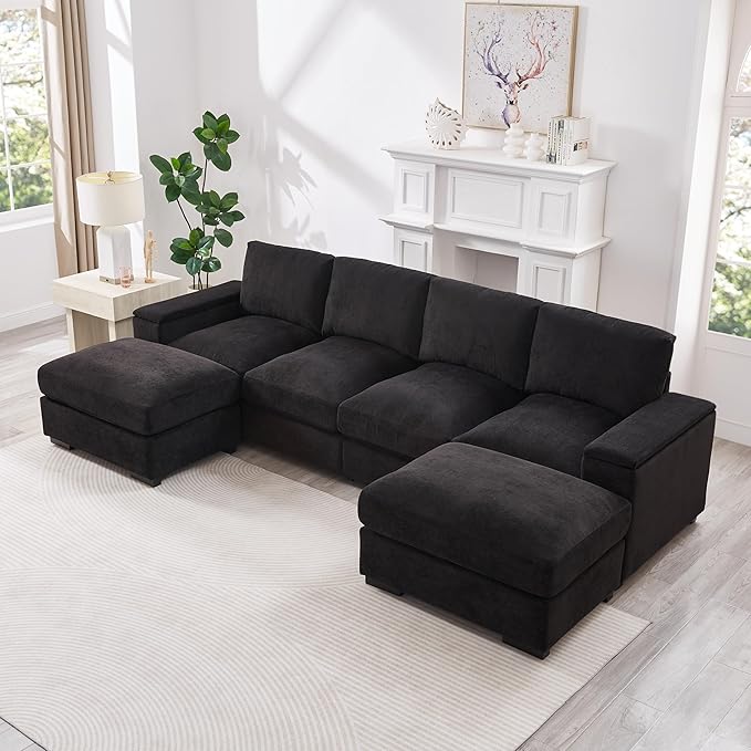 122 Oversized Modular Sectional Sofa Cloud Couch with 2 Ottomans Comfy Corduroy Upholstered Deep Seat Large U Shaped Lounge Sofa&ampCouches with Hidden Arm Storage Box