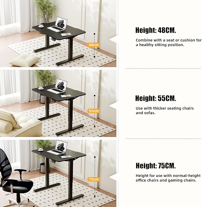 ERGOMAKER Low Height Adjustable Desk with Lockable Wheels Lifts 18.9-29.5 31.5 x 23.6 Electric Small Standing Desk with Splice Board for Home Office &amp Short People(Black Frame Black Desktop