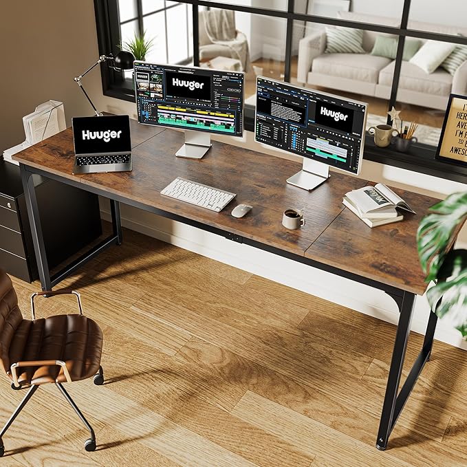 Huuger Computer Desk 70 Inch Office Desk Gaming Desk with Storage Writing Desk Work Desk for Home Office Study Long Simple Desk Large Legroom Metal Frame Rustic Brown
