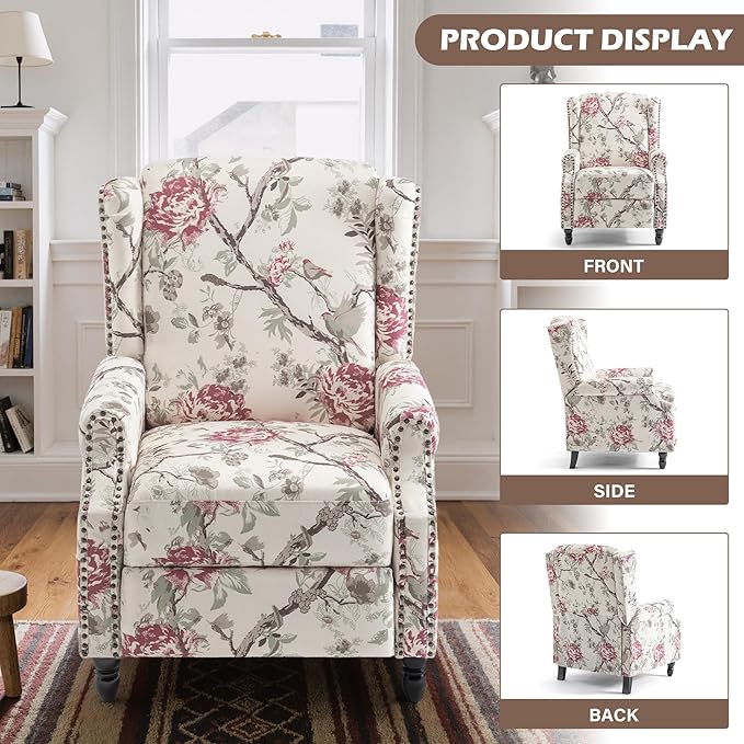 Set of 2 Floral Pushback Recliner Chairs Fabric Upholstered Rivet Trim Accent Club Chairs for Living Room Home Theater- Red Floral
