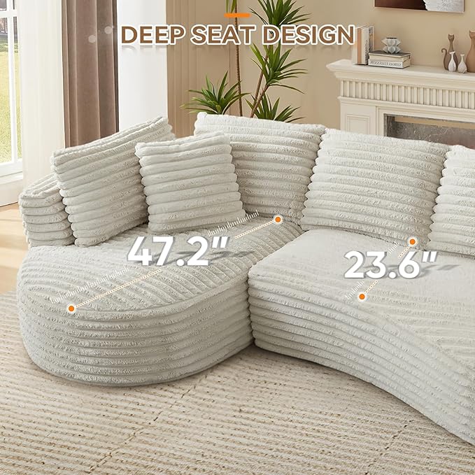 120W Oversized Modern Curved Cloud CouchCorduroy Modular Sectional Sofa with Chaise L Shaped Boneless Couch Compression Foam Sofa for Living Room Bedroom No Assembly Required(Left Facing Cream)