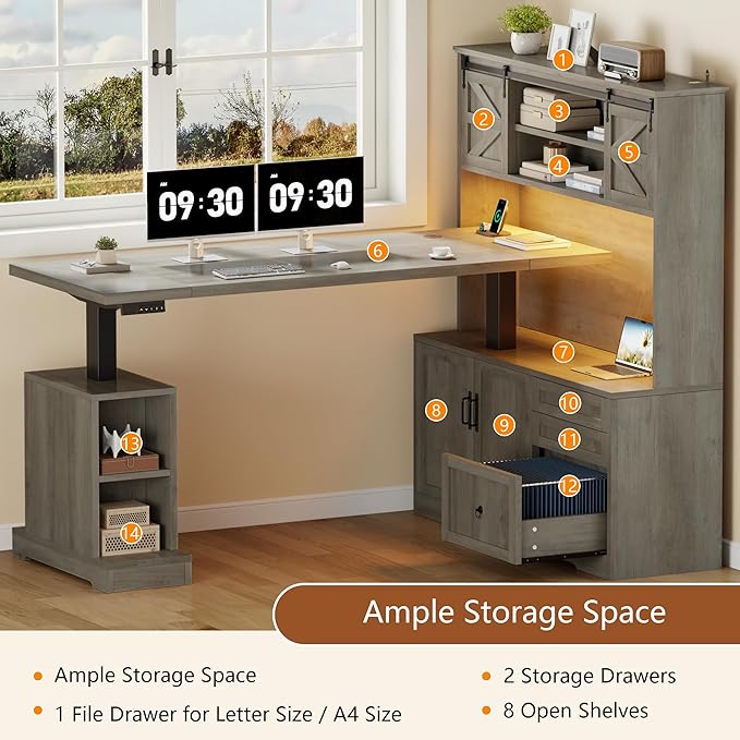 70.86 Farmhouse L Shaped Standing Desk with Hutch Electric Height Adjustable Desk with Storage Corner Computer Desk with File Drawer Power Outlets LED Gaming Desk with Sliding Door Grey