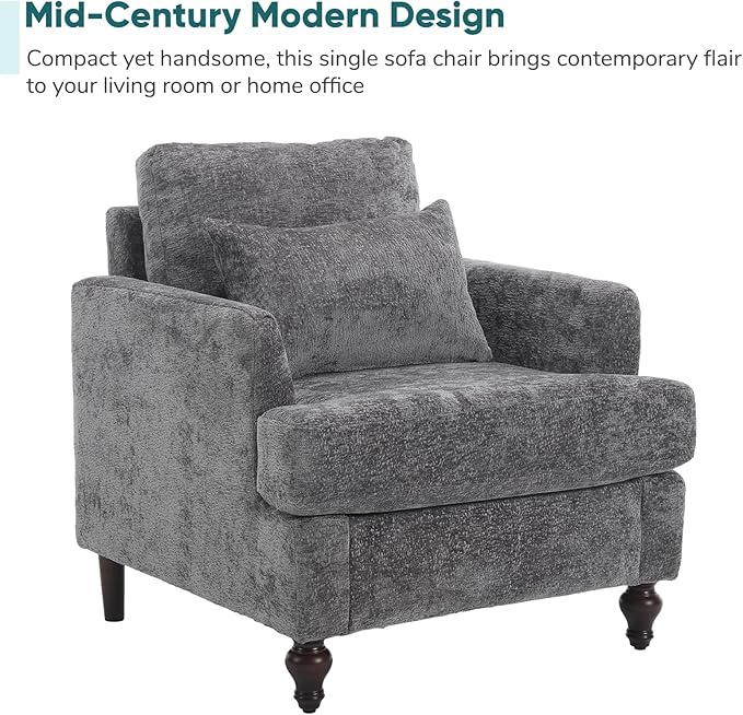 JOYBASE Accent Chair Single Sofa Chair Mid-Century Modern Upholstered Armchair Reading Club Chair for Living Room Office Bedroom (Grey Chenille)