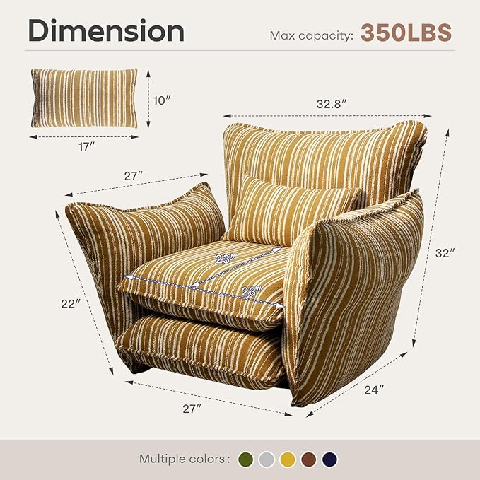 Oversized Chenille Accent Chair with Lumbar Pillow Yellow Stripe Wide Armrests Deep Seat 7 Inch High-Density Foam 350 lbs Capacity