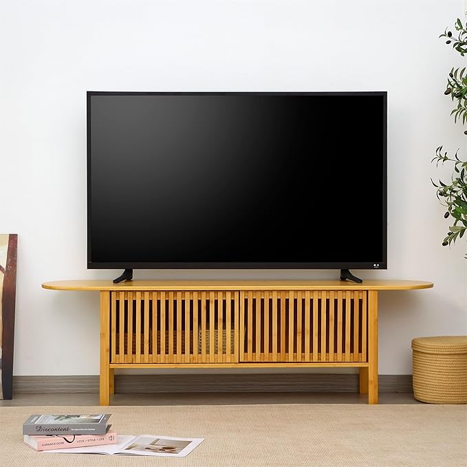 Bamboo TV Stand for TVs up to 65 Accent Entertainment Center with Storage Media Console Table with Fence Door Modern TV Stand for Living Room Bedroom 55(L) Burlywood